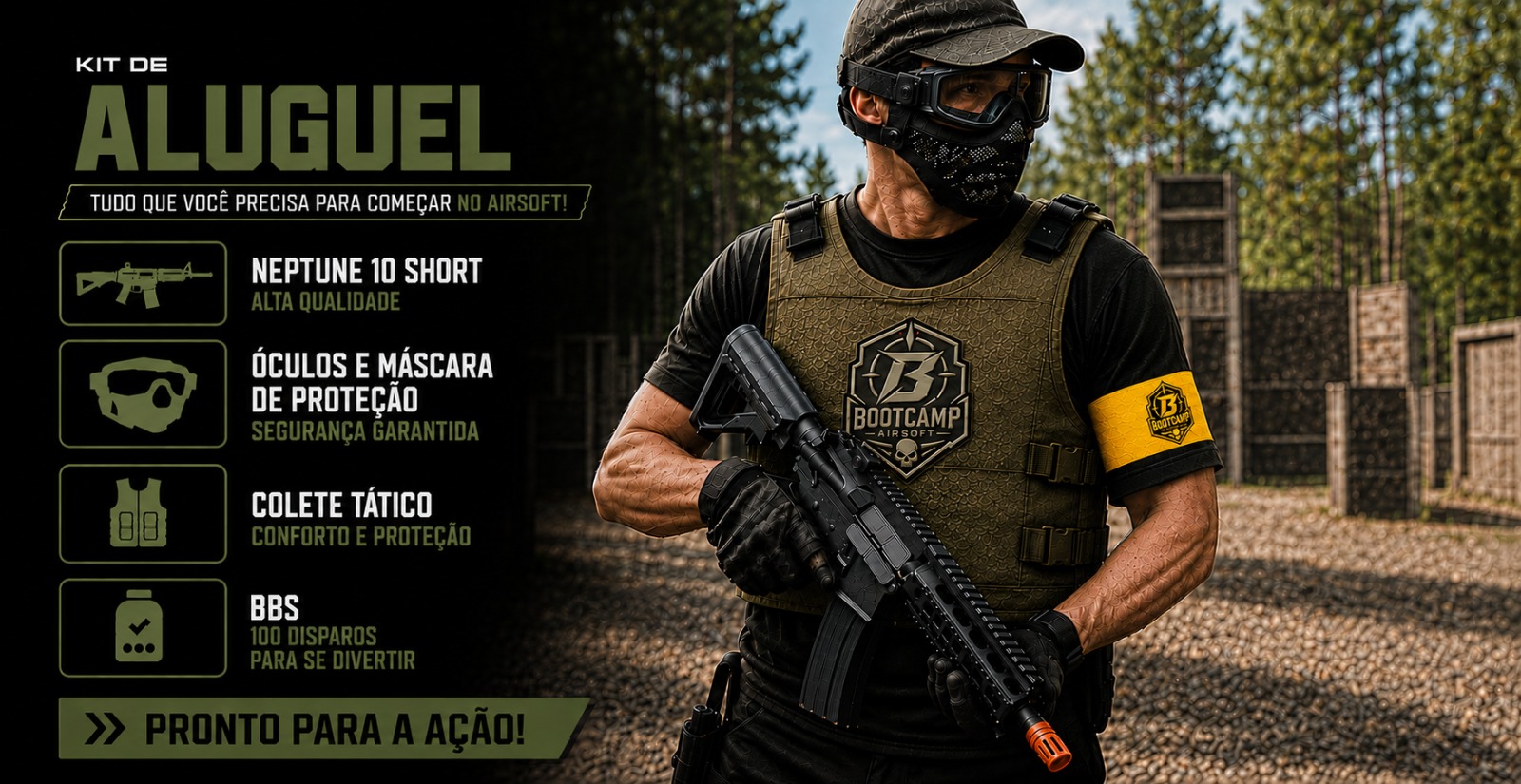 Kit de Iniciante - Tudo que você precisa para começar no Airsoft: réplica, óculos e máscara, colete tático e BBs. Pronto para a ação!